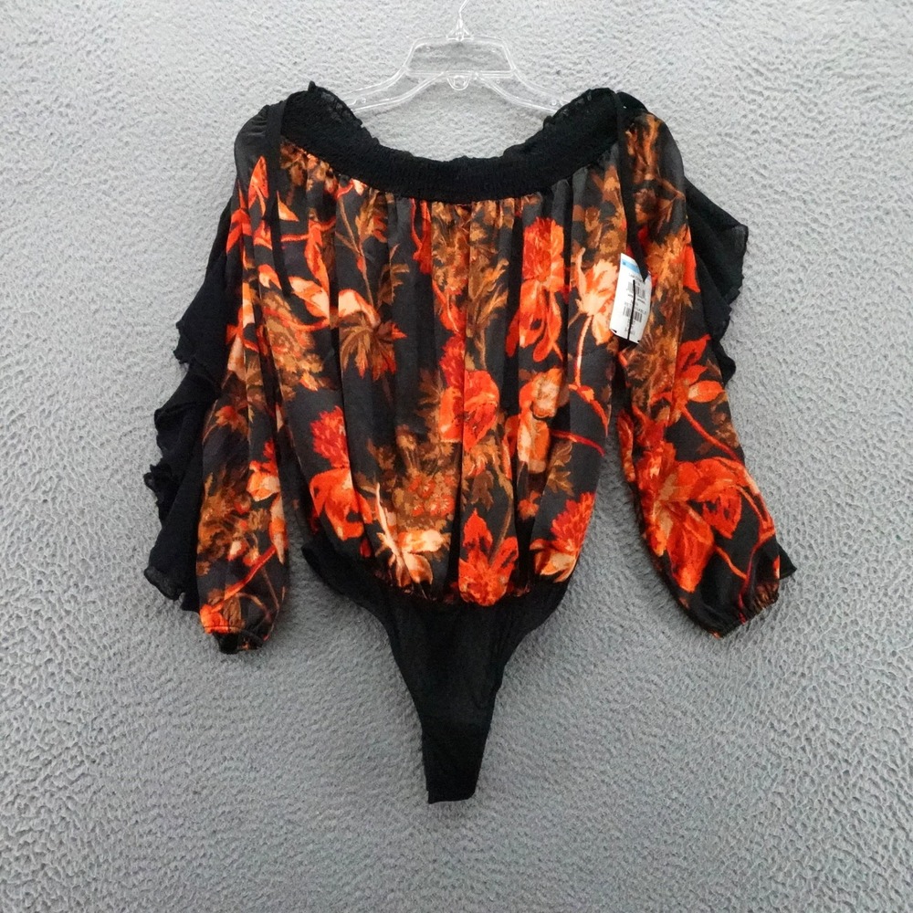 Free People Womens Floral Off Shoulder Sleeve Bodysuit Black Orange‎ XS NEW